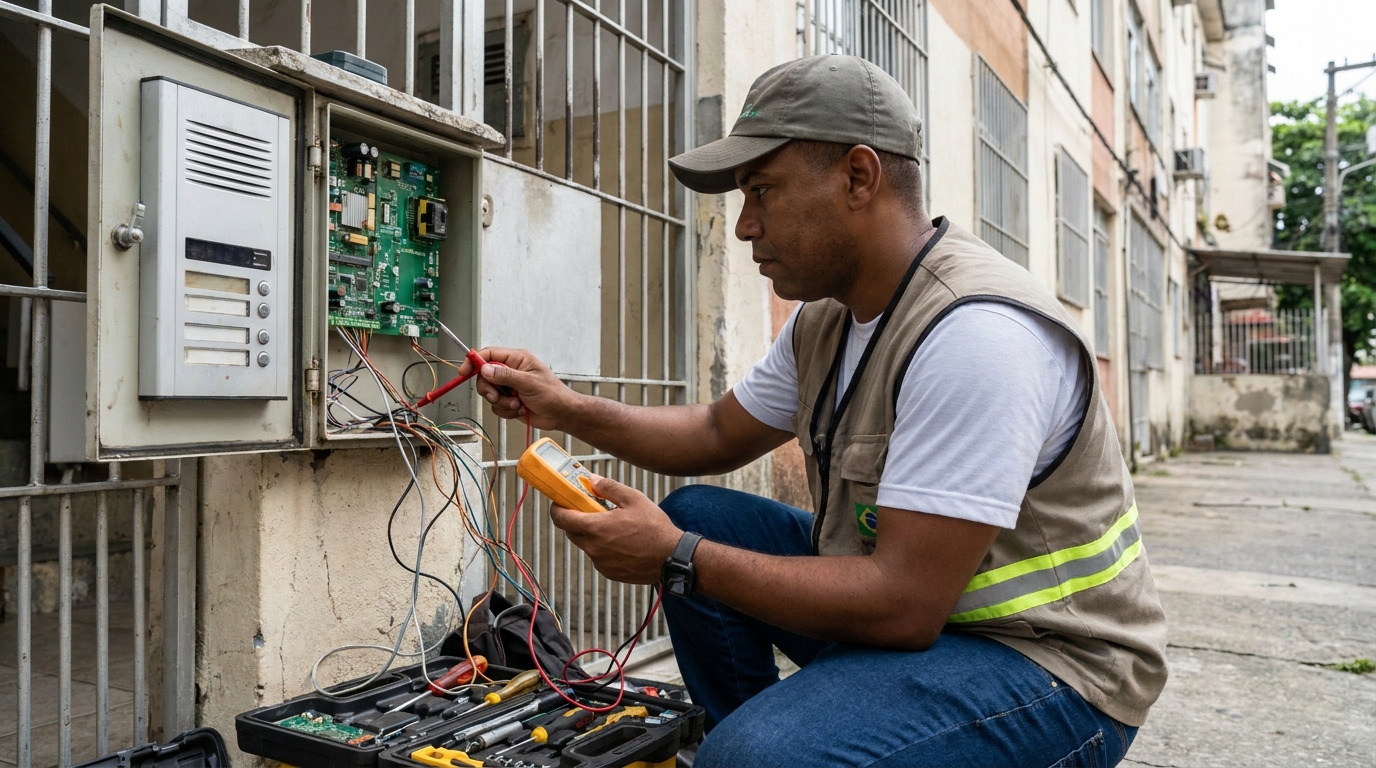Eletricista consertando interfone em Piracicaba‑SP