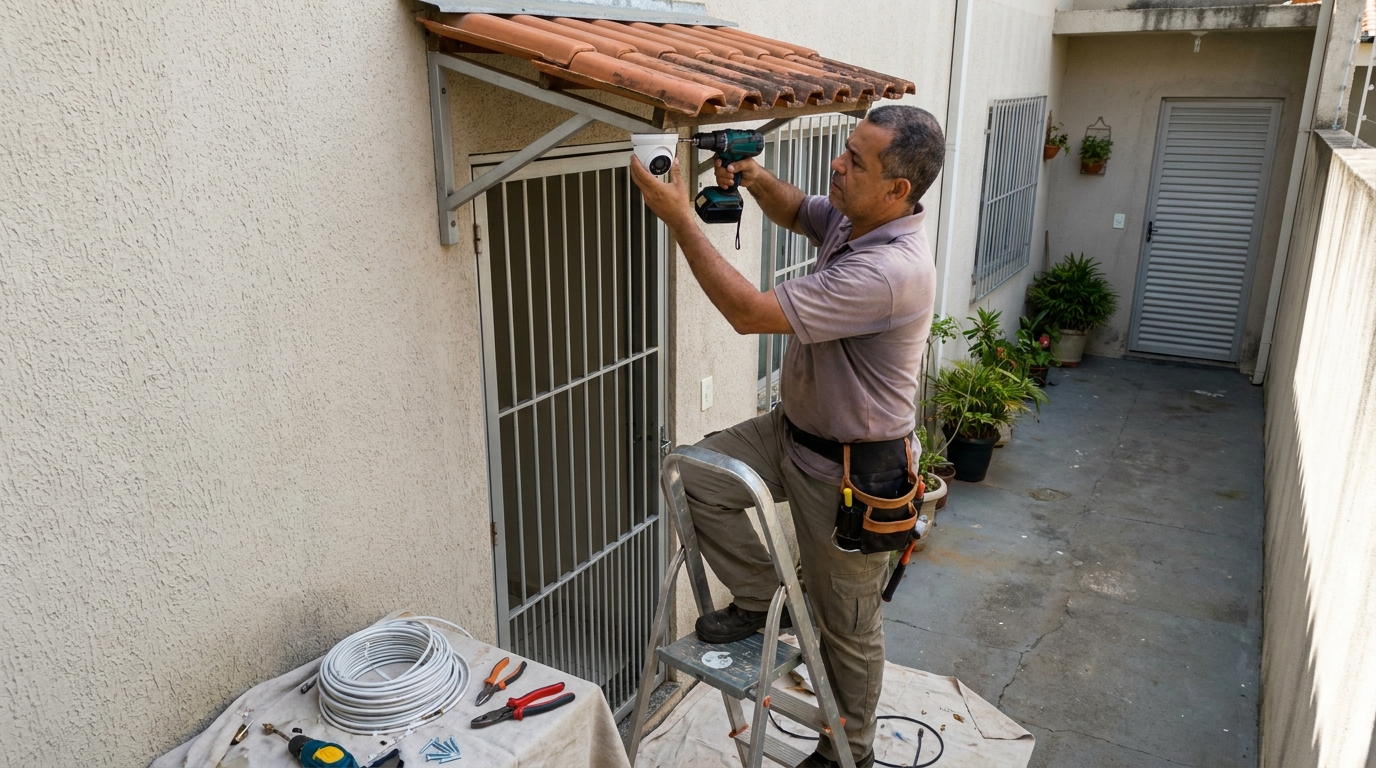 Eletricista instalando cameras de seguranca em Piracicaba‑SP