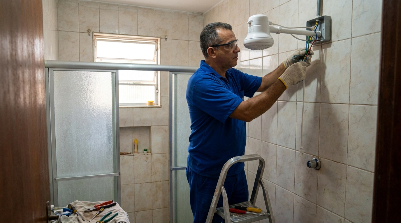 Eletricista instalando chuveiro eletrico em Piracicaba‑SP