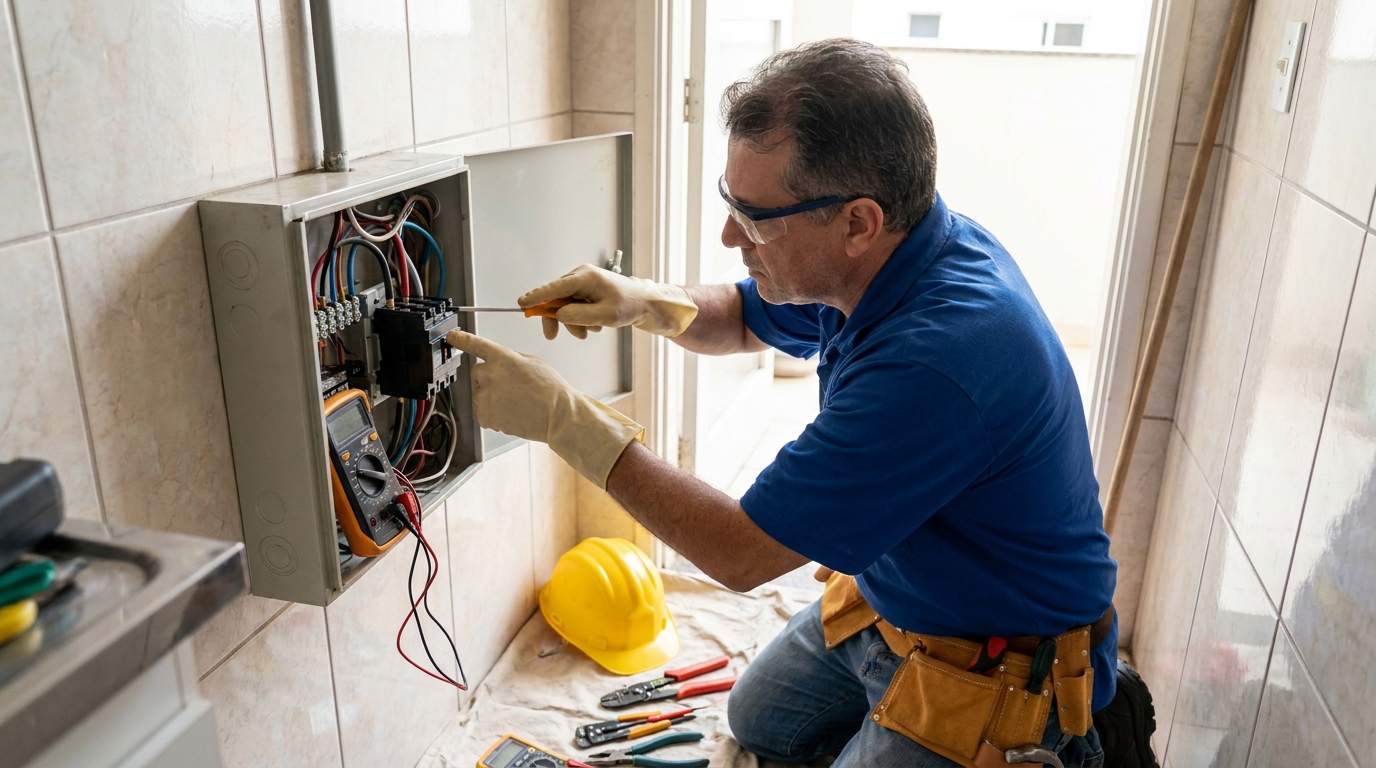 Eletricista instalando disjuntor em Piracicaba‑SP