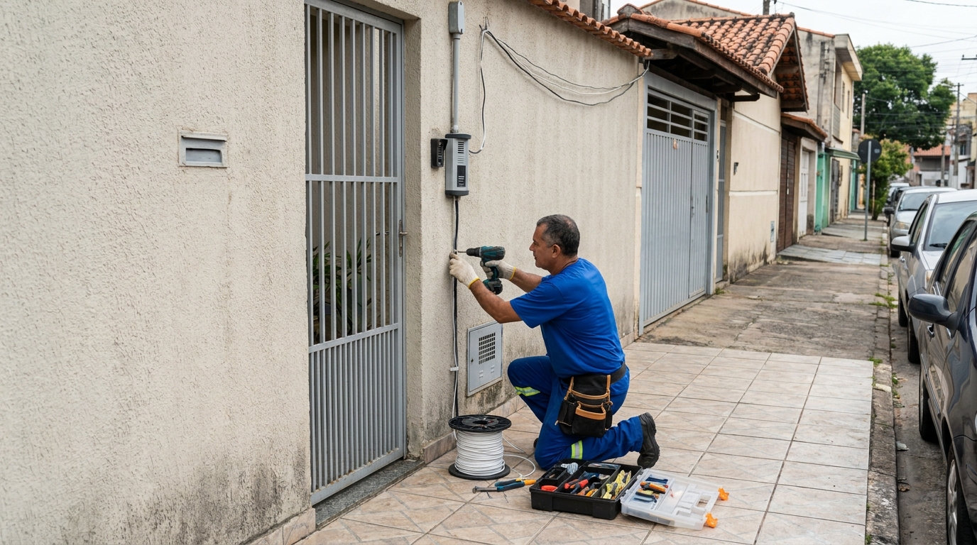 Eletricista instalando interfone em Piracicaba‑SP