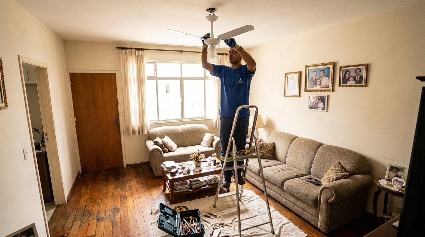 Eletricista instalando ventilador de teto em Piracicaba‑SP